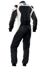 OMP First Evo Race Suit in black and white with red accents, designed for motorsport safety and performance.