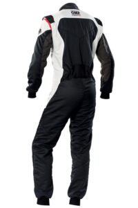 OMP First Evo Race Suit in black and white with red accents, designed for motorsport safety and performance.