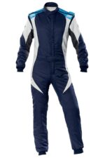 OMP First Evo Race Suit in navy blue and white, designed for motorsport safety and performance, featuring branding and aerodynamic fit.