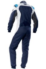 Grand Prix Racewear OMP First Evo Race Suit in blue and white, designed for racing safety and comfort.