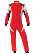 Red and white Grand Prix race suit with black accents, designed for motorsport safety and performance.