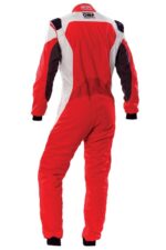 OMP First Evo Race Suit in red, black, and white, designed for motorsport racing, featuring durable materials and ergonomic fit.