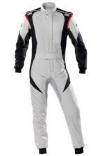 OMP First Evo Race Suit in white with black and red accents, designed for motorsport safety and performance.