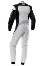 OMP First Evo Race Suit in white, black, and red, designed for motorsport safety and performance.