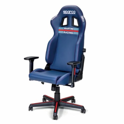 Sparco Icon Office Seat in navy blue with racing-inspired design and adjustable armrests, ideal for gaming or office use.