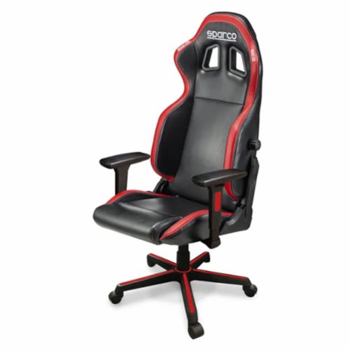 Sparco Icon Office Seat designed for comfort and support, featuring racing-inspired styling with black and red accents, adjustable armrests, and ergonomic features.
