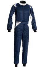 Sparco Sprint Race Suit in navy blue with white accents, designed for motorsport safety and performance.