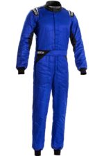 Blue Sparco Sprint Race Suit with black accents and branding, designed for motorsport safety and performance.