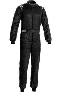 Black Sparco Sprint Race Suit with white branding on shoulders, designed for motorsport safety and performance.