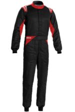 Sparco Sprint Race Suit in black and red, designed for motorsport safety and performance, featuring sponsor logos and durable fabric.
