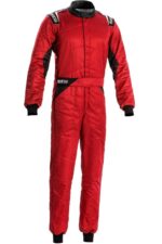 Red Sparco Sprint Race Suit with black and white accents, designed for motorsport safety and performance.