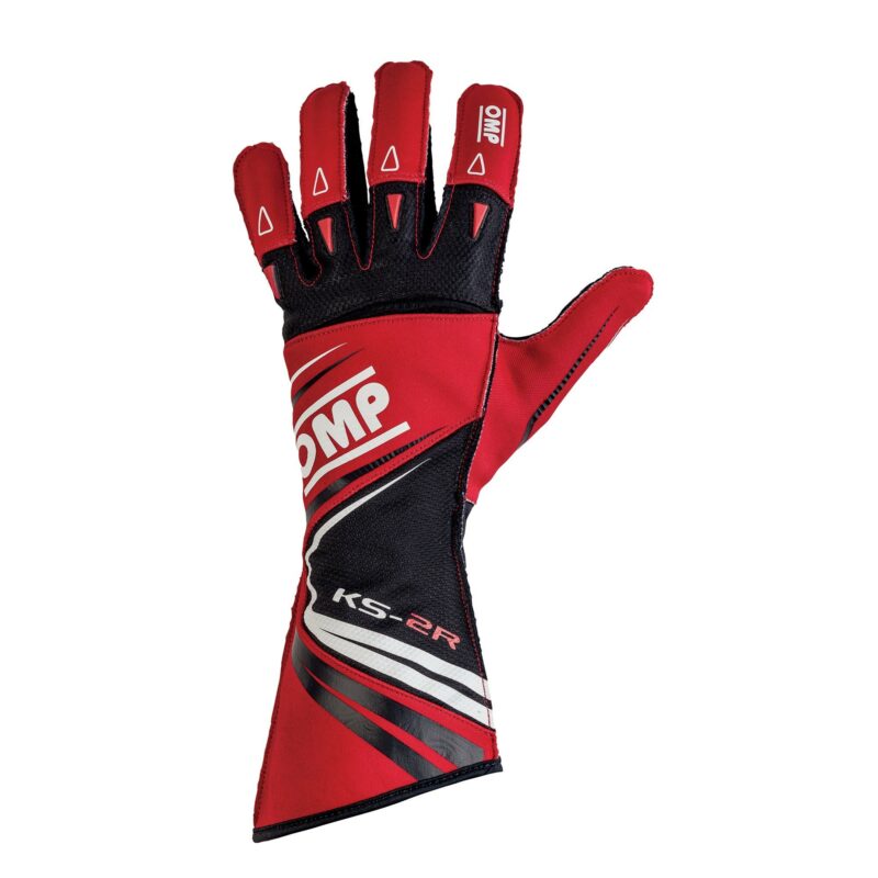 OMP KS-2R Junior Kart Gloves in blue and cyan with red accents, designed for racing, featuring flexible material and secure fit.