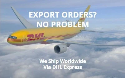 DHL cargo plane flying above clouds with text 'Export Orders? No Problem' and 'We Ship Worldwide Via DHL Express'.