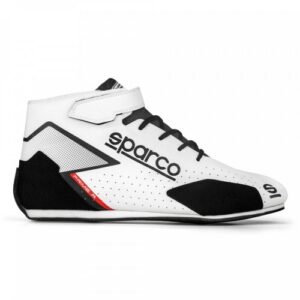 Sparco racing shoe designed for motorsport, featuring a white, black, and red colour scheme with high grip sole and ankle support.