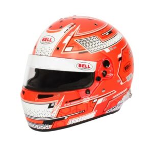 Red Bell racing helmet with white and black geometric design, suitable for motorsport racing, featuring a tinted visor and aerodynamic shape.