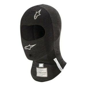 Black racing balaclava with white Alpinestars logo, designed for motorsport safety and comfort.
