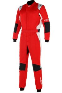 Red and white Grand Prix racing suit with black accents, designed for motorsport drivers, featuring Alpinestars branding and protective padding.