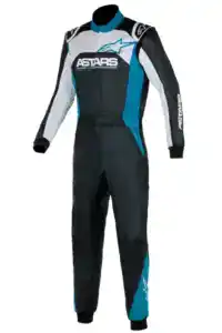 Astars Grand Prix Racewear racing suit in black, white, and blue with logo details, designed for professional motorsport drivers.