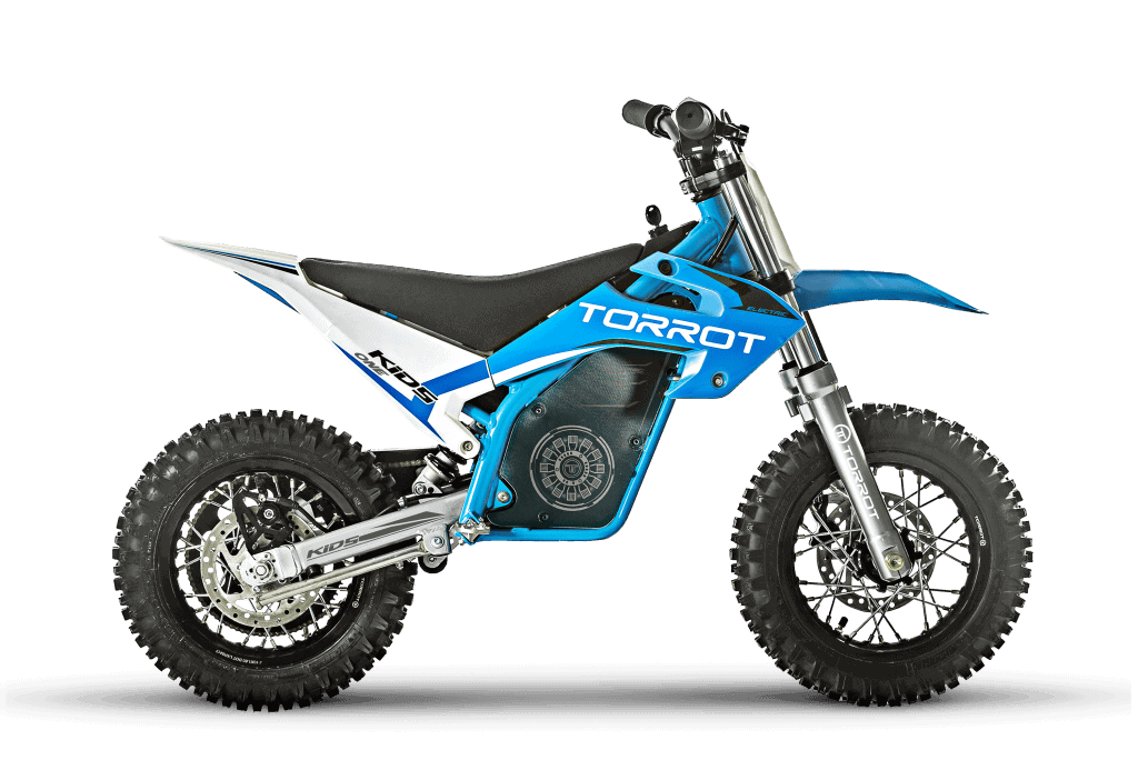 Blue Torrot electric dirt bike for kids with rugged tires and safety features, ideal for young riders learning off-road riding.