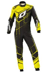 Grand Prix Racewear racing suit in black and yellow with logo and design details for motorsport enthusiasts.