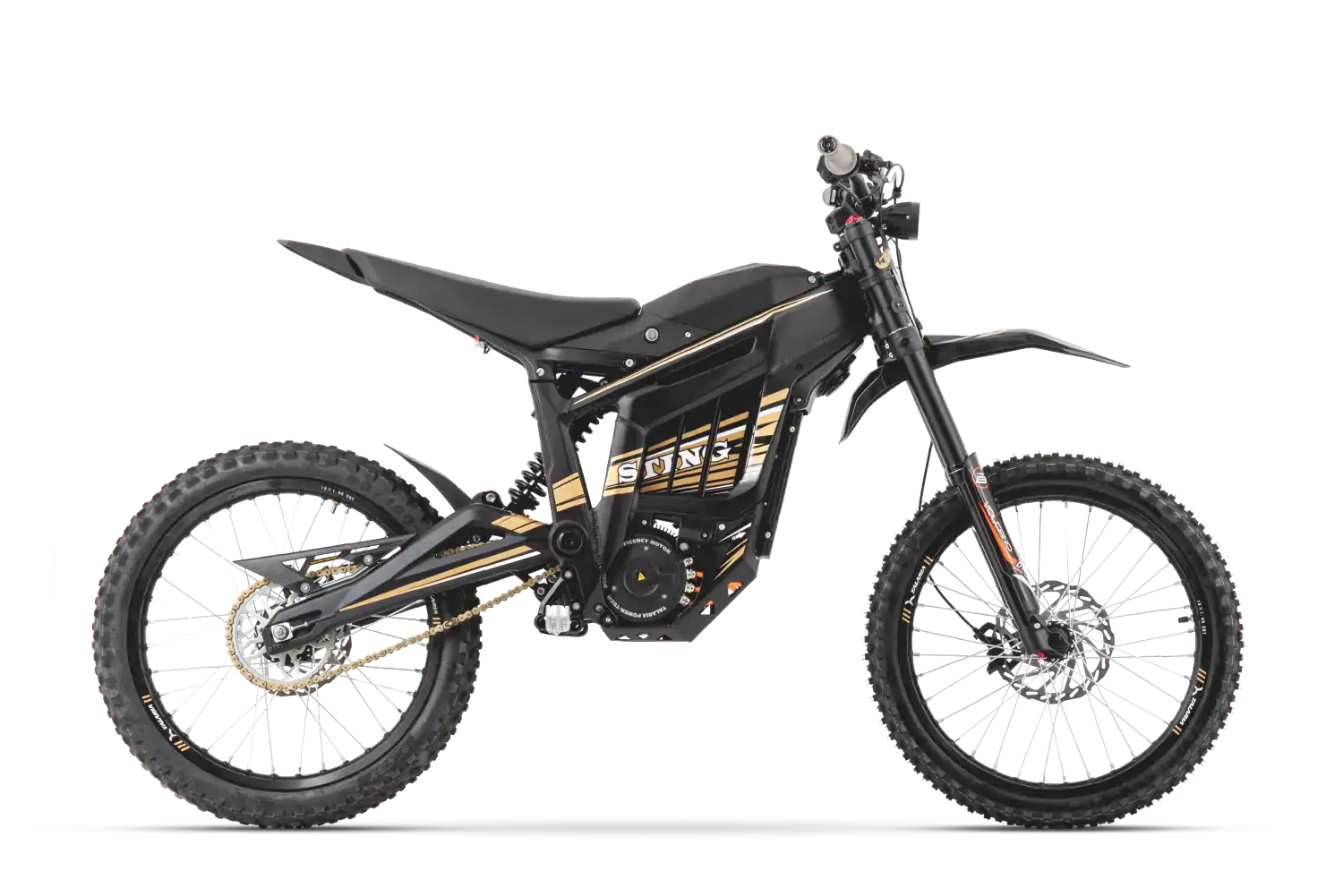 Electric mountain bike with black and gold design, suitable for off-road riding and outdoor adventures.