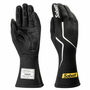 Black Sabelt racing gloves with white and yellow branding, designed for motorsport safety and grip.