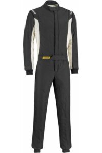 Grand Prix Racewear racing suit designed for motorsport safety and performance, featuring black and white colours with sponsor logos.