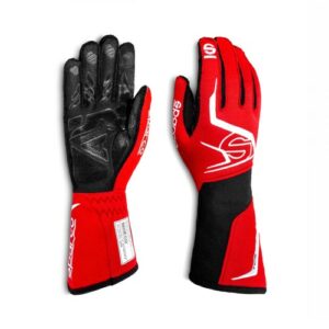Red and black racing gloves from Grand Prix Racewear, designed for motorsport safety and performance.