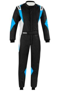 Grand Prix Racewear racing suit in black with blue and white accents, designed for motorsport safety and performance.