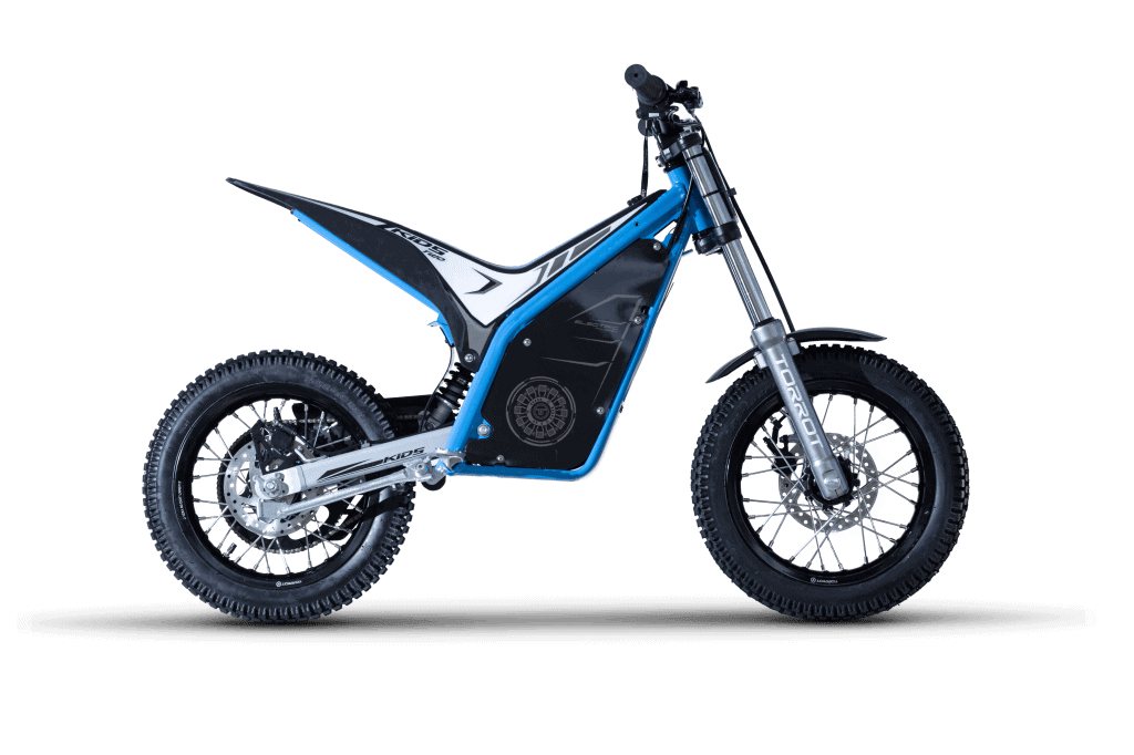 Electric dirt bike for kids with a sleek black and blue design, suitable for young riders learning off-road biking.