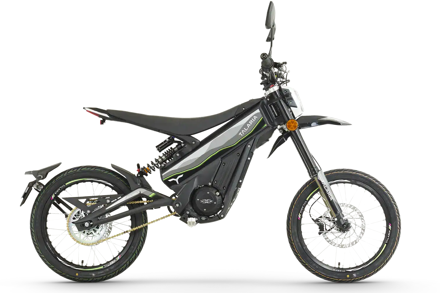 Electric mountain bike with black and green frame, front suspension, and knobby tires for off-road riding.