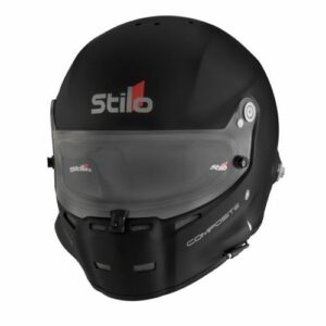 Stilo racing helmet with black matte finish, clear visor, and aerodynamic design for motorsport safety.
