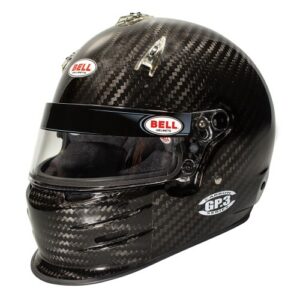 Carbon fibre racing helmet with Bell logo, GP3 branding, and clear visor, designed for motorsport safety and performance.