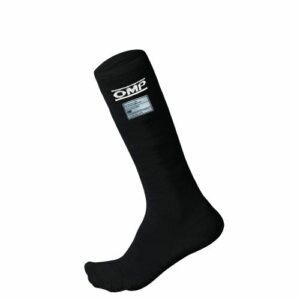 Black OMP racing sock designed for motorsport safety and comfort, featuring the OMP logo and technical fabric.