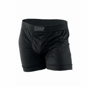 Black OMP racing shorts designed for motorsport safety and comfort, featuring a comfortable waistband and durable fabric.