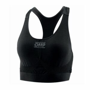 Black OMP racing sports bra designed for motorsport enthusiasts, featuring breathable fabric and supportive fit for racing events and track days.