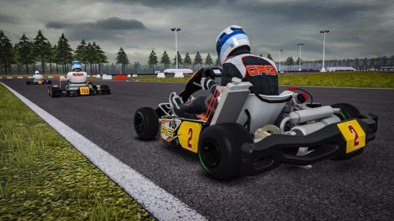 Grand Prix Racewear karting scene with a driver in full gear on a race track under cloudy skies.