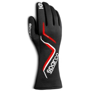 Sparco racing glove in black with red and white accents, designed for motorsport safety and performance.