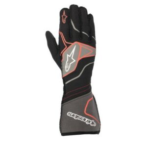 Alpinestars racing glove designed for motorsport, featuring black, grey, and red accents with protective padding and branding for safety and performance.
