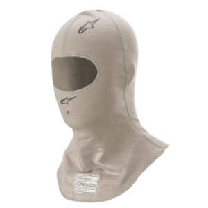 Alpine racing balaclava in grey fabric with logo, designed for motorsport safety and comfort.