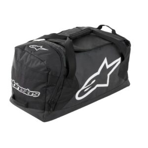 Black Alpinestars racing gear bag with white logo, ideal for motorsport enthusiasts and racers.