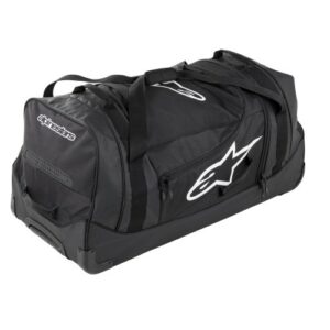Black Alpinestars racing gear bag with white logo, designed for motorsport enthusiasts and racers.