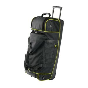 Grand Prix Racewear black and yellow wheeled sports bag with multiple compartments and adjustable handle for racing gear storage.