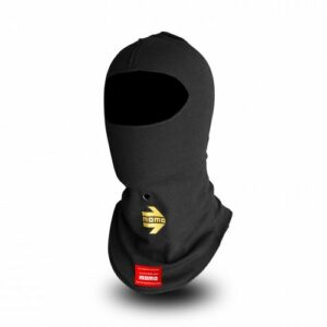 Black racing balaclava with Momo logo, designed for motorsport safety and comfort.