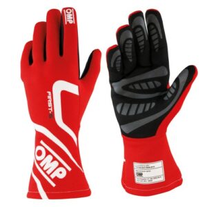 Red and black OMP racing gloves designed for motorsport safety and performance, featuring reinforced palms and flexible finger protection.