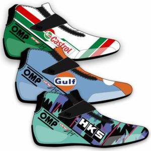 Three racing shoes with colourful, branded designs from Grand Prix Racewear, featuring Castrol, Gulf, and HKS logos, ideal for motorsport enthusiasts.