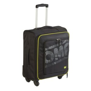 Black rolling travel bag with a front zip pocket and yellow trim, suitable for motorsport gear and racing equipment.