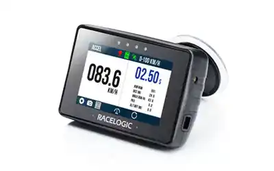Racelogic GPS data logger with digital display showing speed and distance for motorsport applications.