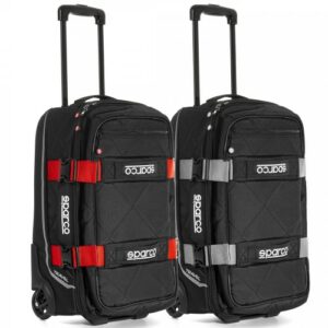Two black Sparco travel suitcases with telescopic handles and red and grey straps, designed for motorsport enthusiasts and racewear transport.