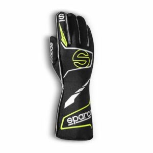 Sparco racing glove designed for motorsport, featuring black, yellow, and white accents, with branding and ergonomic design for optimal grip and protection.